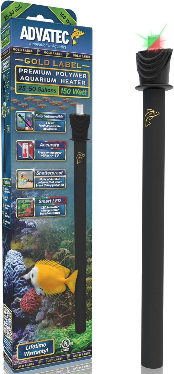 Premium Polymer Aquarium Heater with Advanced LED Temperature Control System - for Fresh & Saltwater Aquariums (150 Watts / 25-50 Gallons)