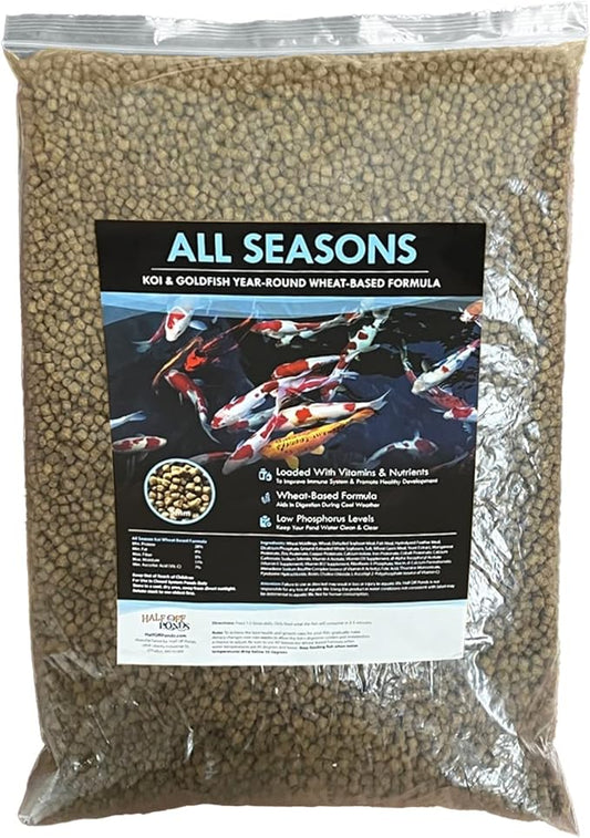 HALF OFF PONDS All Seasons Koi Fish Food - 5 lb Floating Pellets, 5mm Size - Goldfish Food for Ponds - 28% Protein with Wheat Germ & Vitamins - Ideal for Year-Round Feeding & Water Clarity