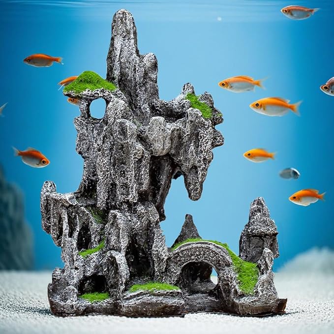 Aquarium Mountain View Ornaments, Large Fish Tank Rock Landscaping Decorations, Tree Hole Bridge Bridge Aquarium Decoration (6.69x3.54x8.26inch-L)