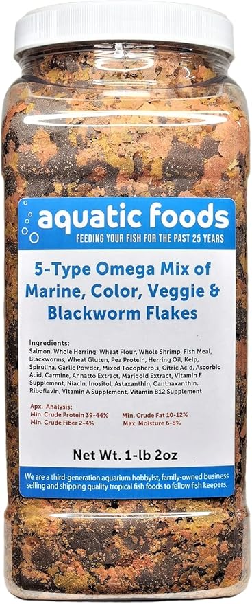 5-Type Custom Omega Flake Mix of Cichlid, Marine, Color Enhancing, Veggie & 45% Blackworm Flakes for All Community Tropical Fish. Aquatic Foods Flakes…1-lb 2oz Lg Jar