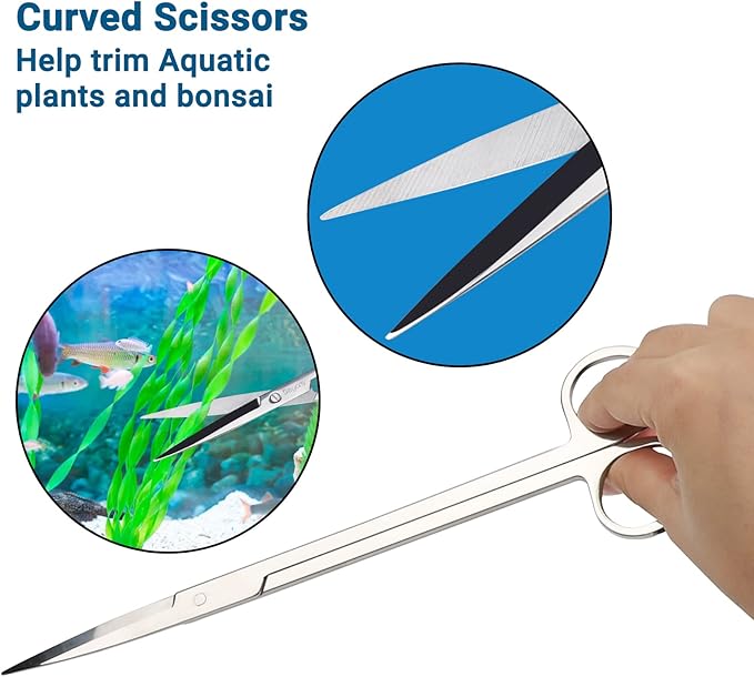 Segarty Aquarium Aquascaping Tools, 6 in 1 Stainless Steel Silver Aquascaping Tools Kit for Aquatic Plant Fish Tank, Long Scrapers Spatula Feeding Tweezers Curved Straight Scissors Aquarium Tools