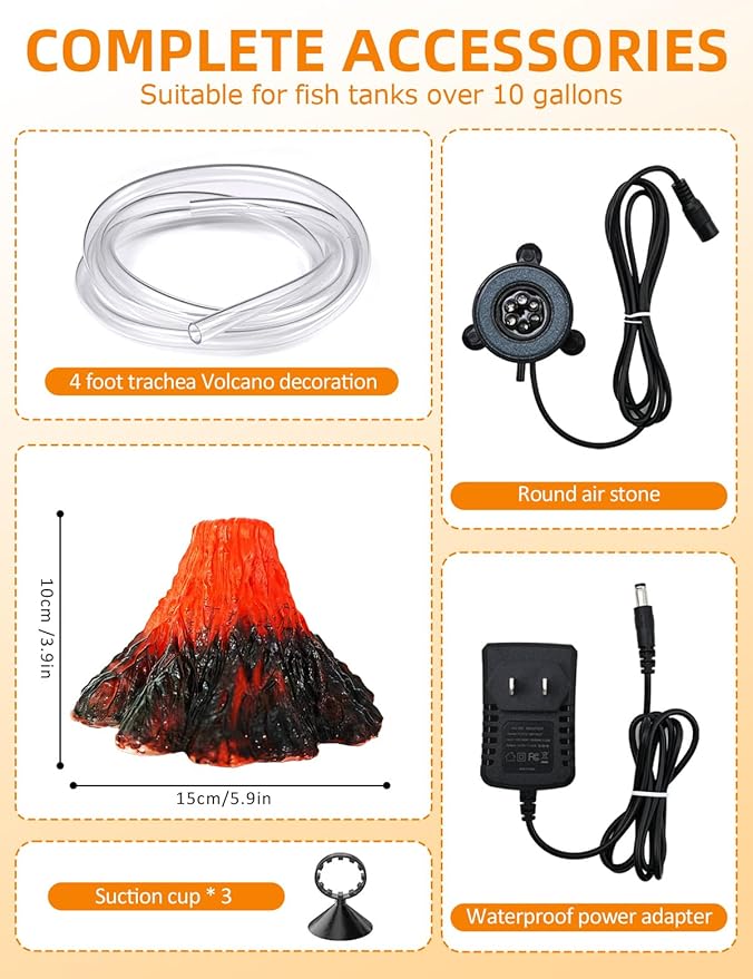 Aquarium Volcano Ornament Kit,Bubbler Decoration for Fish Tank Resin Volcanic Decoration with Air Stone Bubbler Colorful LED Light