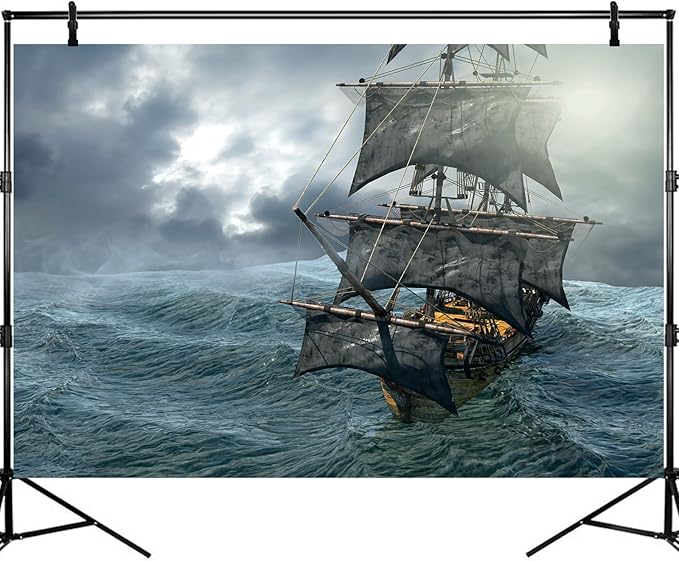 Pirate Ship Aquarium Background Stormy Blue Deep Sea Ocean Seascape Fish Tank Background Splendid Sunset Vintage Sailing Old Ship Rough Seas Terrarium Backgrounds for Home Tank Decors 48x20in