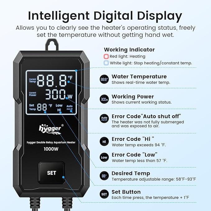 hygger 500W Aquarium Heater, Upgraded Submersible Fish Tank Heater with Dual Protection System & LED Digital Display, with Automatic Power-Off Function, for 66-135 Gal Freshwater and Saltwater Tank