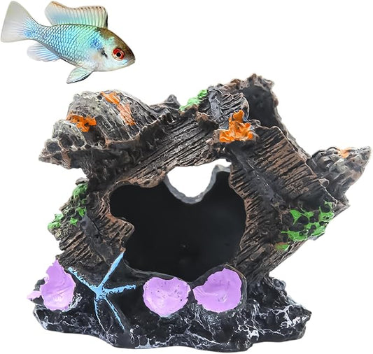 Colorful Resin Fish Tank Ornament with Multiple Hiding Spots, Safe Shelter for Small and Medium Aquariums, Stress-Relief Underwater Decor, Easy to Clean (Oak Barrel)