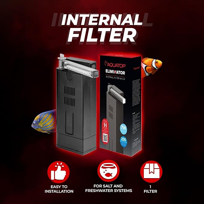 Aquatop 200 GPH Slim Internal Filter with 7W Light – for Crystal Clear Water – for Fresh & Saltwater Tanks – Innovative Aquarium Filter for Tanks
