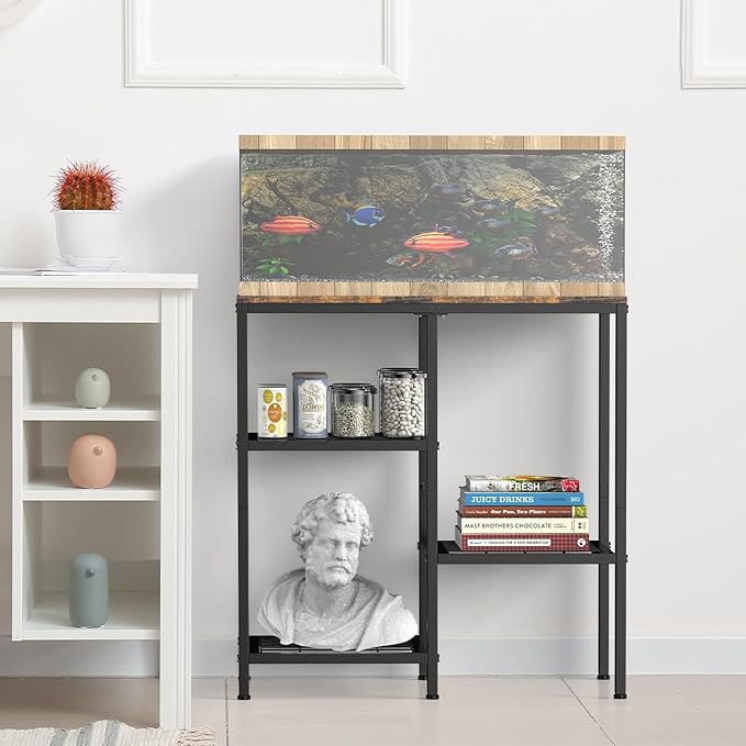 20 Gallon Aquarium Stand, 3 Tier Metal Fish Tank Stand with Shelves, Reptile Tank Stand for Accessories Storage, Turtle Terrarium Stand for Home Office,29.13" L x 12.2" W Tabletop, Brown