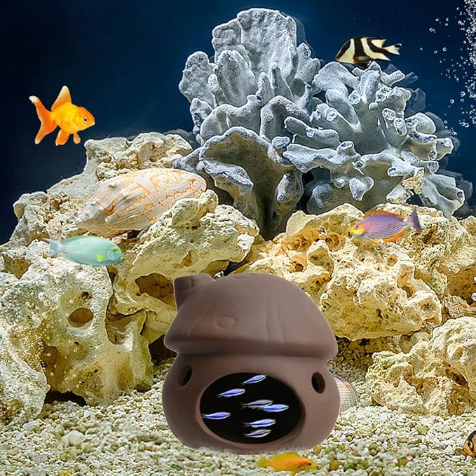 Aquarium Decor Ceramic Mushroom House Ornament Fish Tank Landscape Decoration Pottery Hide Cave Habitat Hut Small Shrimp for Goldfishes to Rest Breed Hiding (Brown)