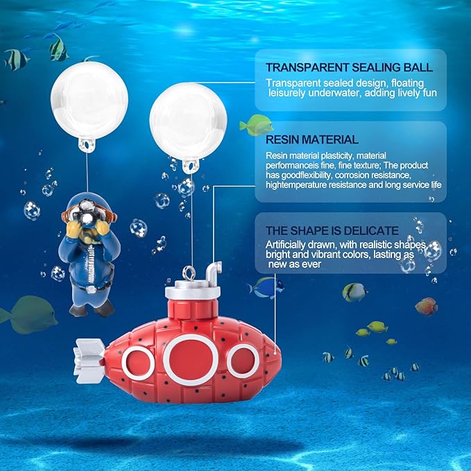 CousDUoBe 2.1 in Mini Floating Submarine Fish Tank Decoration Set，Cute Retro Submarine Set and Floating Diver,Aquarium Decorations Resinous Betta Fish Tank Accessories