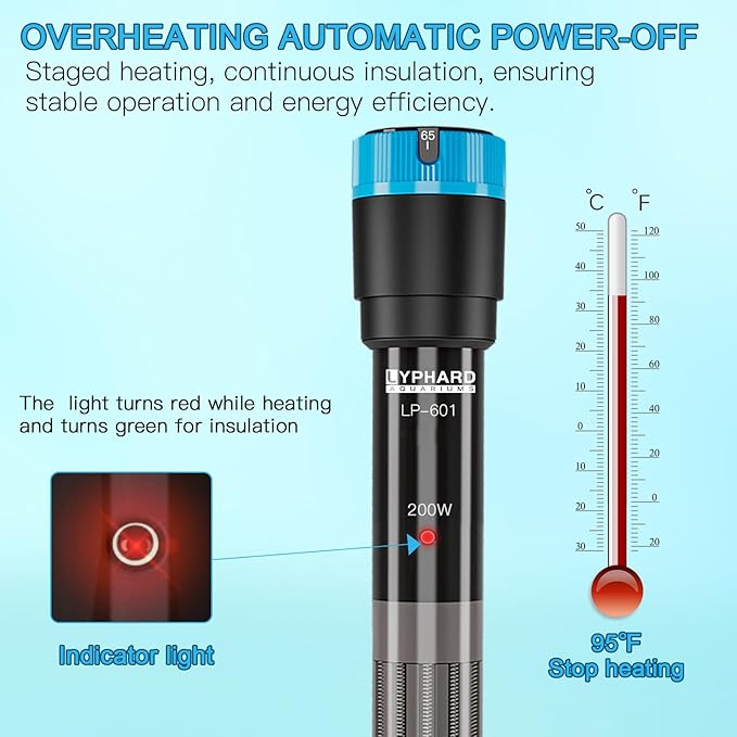 LYPHARD AQUARIUMS Aquarium Heater, 200W Submersible Fish Tank Heater with Precision Adjust Knob Thermostat and Suction Cup Suitable for Saltwater and Freshwater