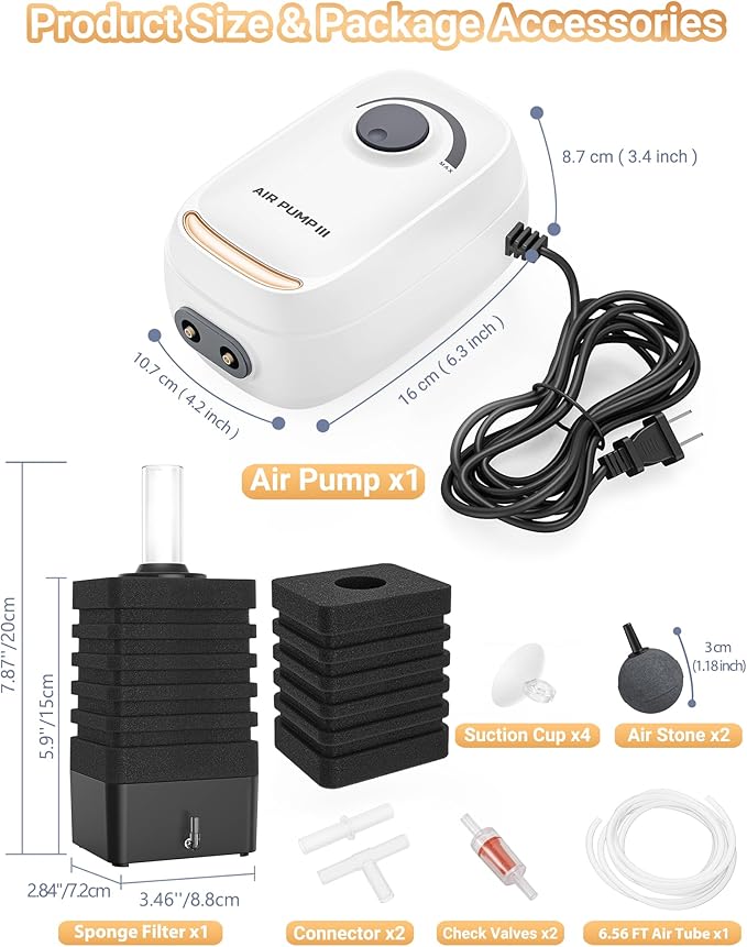 MoonOrange 3W/6W Aquarium Air Pump, Adjustable Aquarium Aerator with 2-Outlet, Super-Powerful & Quiet Oxygen Pump for Fish Tanks up to 100/200 Gallon with Full Accessories.(Upgrade Noise-Reduce)