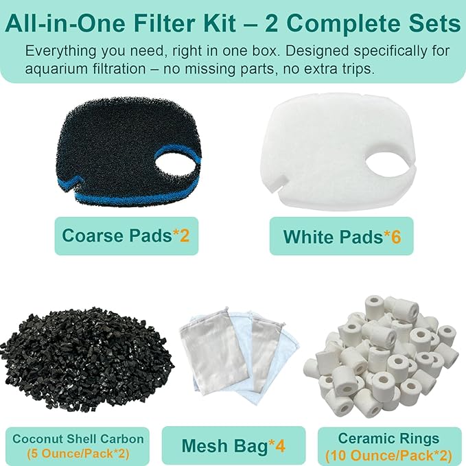 16 Pcs Fit Pondforse and AMOSIJOY 172/225/265GPH/264GPH Aquarium External Filter and Coospider-repta Aquarium Filter, 6 White Floss, 2 Coarse Filter Pads, 2 Coconut Shell Carbon, 2 Ceramic Rings&4 Bag
