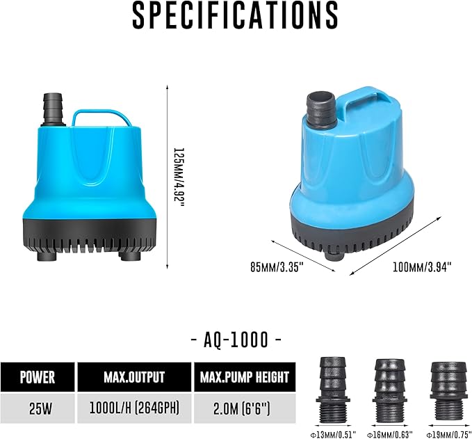 264 GPH Bottom Feed Submersible Water Pump - Energy Efficient Low-Suction Aquarium, Pond, Fountain, Hydroponics Pump, 25W - 5 Pack