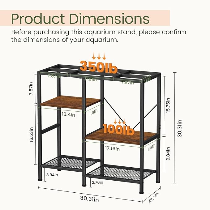Snughome 30 Gallon Aquarium Stand, Fish Tank Stand with Shelf for Storage, 3 Tier Heavy Metal Frame Fish Tank Stand, 30 Gallon Aquarium Stand for Home Office, 30.31" x 12.01" x 30.31", Rustic Brown