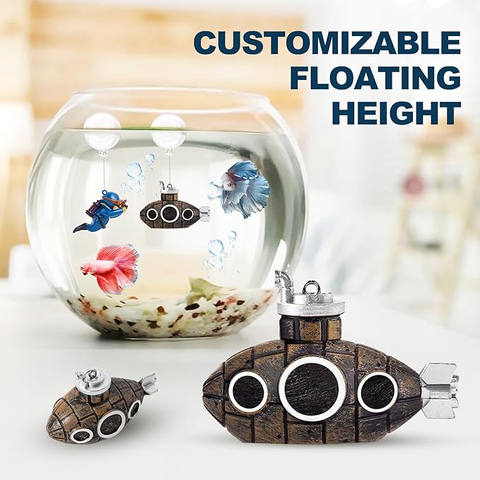 CousDUoBe 2.1 in Mini Floating Submarine Fish Tank Decoration Set，Cute Retro Submarine Set and Floating Diver,Aquarium Decorations Resinous Betta Fish Tank Accessories