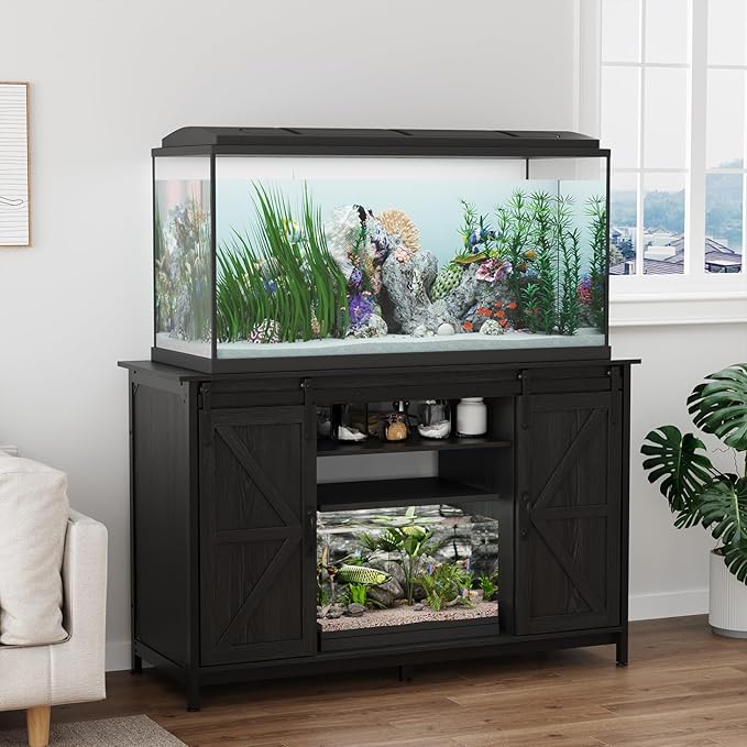 VOWNER Farmhouse 55-75 Gallon Fish Tank Stand with Power Outlet, Aquarium Stand with Storage Cabinet and Sliding Barn Door, Heavy Duty Reptile Tank Stand, for 2 Tanks, 1000LBS Capacity, Black