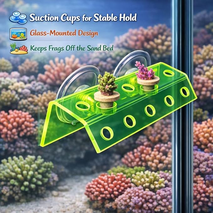 kcrygogo Fluorescent Green Coral Frag Holder Acrylic Coral Rack with Powerful Double Suction Cup Suitable for Household Fish Tanks (10 Plug Holes)