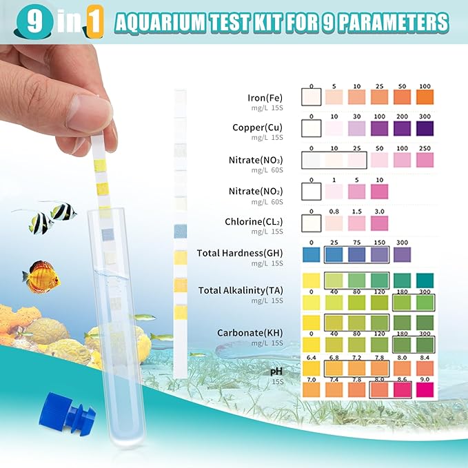 Umlecoa 9 in 1 Aquarium Test Kit for Freshwater and Saltwater - 100 Aquarium Test Strips with Test Tube & Thermometer - Fast & Accurate Water Testing Strips for Aquarium/Pond/Pool