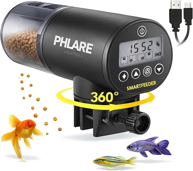 Automatic Fish Feeder – Rechargeable USB-C Timer Feeder for Aquariums & Fish Tanks | Vacation & Weekend Feeding | Flakes Pellets & Granules | 200ml Capacity | Freshwater & Saltwater