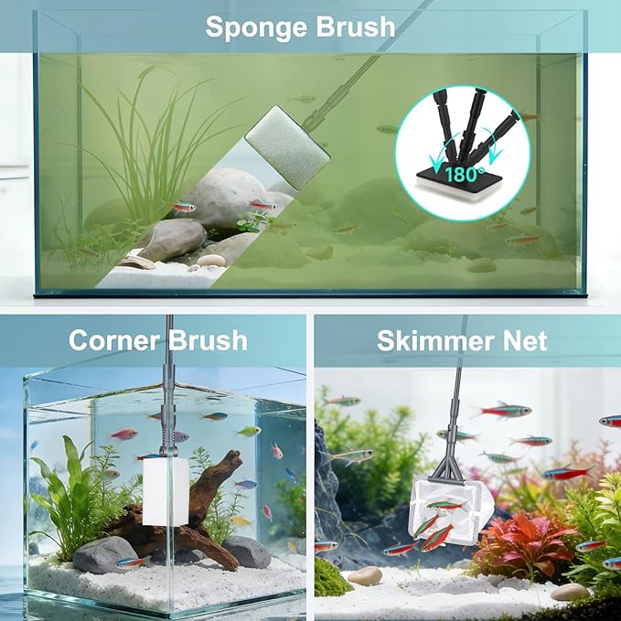 Carefree Fish 6IN1+1 (2026 New Upgrade Edition) Aquarium Cleaning Tools Long Handle Adjustable Length 20~36Inches Fish Tank Cleaner Kit Algae Scraper Scrubber Brushes Set