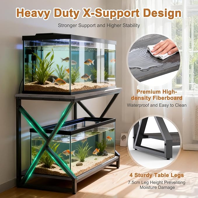 fishkeeper 50 Gallon Aquarium Stand 2-Tier Storage Shelves, 720LBS Upgraded Thickened Heavy Duty Metal Fish Tank Stand Terrarium Stand, 36.2" L x 19.7" W x 29.1" H Reptile/Turtle/Breeder Tank Stand