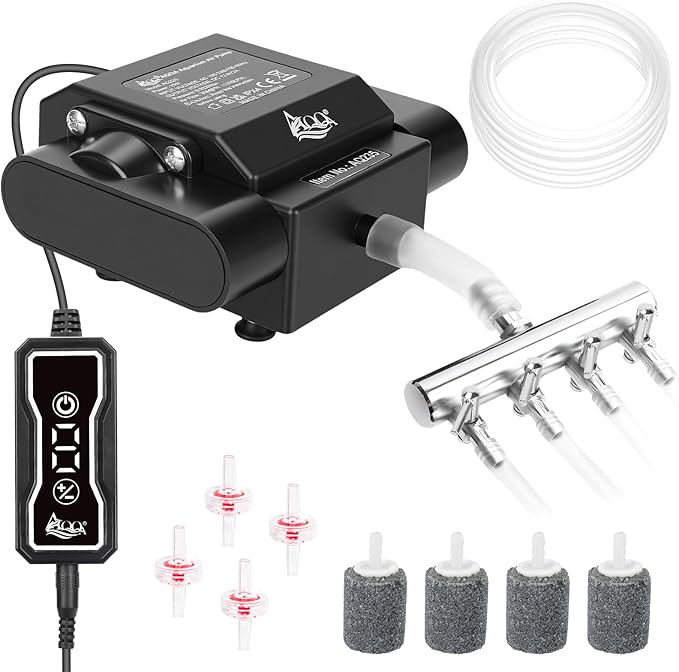 AQQA Powerful Aquarium Air Pump with Controller, Feeding Mode, 9-Speed Airflow Adjustable 4 Air Outlets Oxygen Aerator with Complete Accessories for Large Fish Tanks, Ponds & Seafood Markets (10W/15W)
