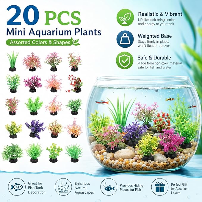 Gadpiparty 20pcs Mini Aquarium Plants, Fake Aquarium Plants, for Fish Tank Adornment, for Home Office