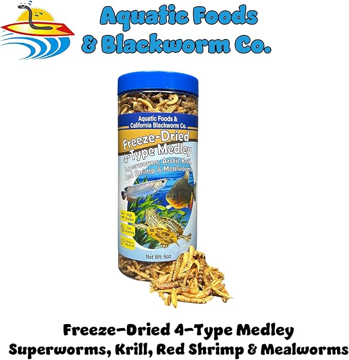 4-Type Medley Mix of Freeze Dried Superworms, Krill, Red Shrimp, Mealworms for Monster Fish, Reptiles, Turtles, Tortoises, Frogs, Hamsters, Birds, Rodents 5oz Canister