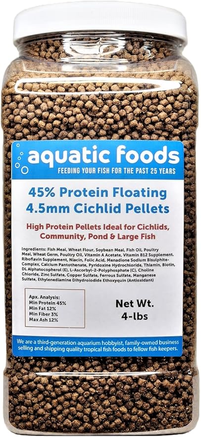 Cichlid Pellets, 45% Protein Floating 4.5mm (5/32") Pellets for Oscars, Central American, South American Cichlids…4-lb Lg Jar