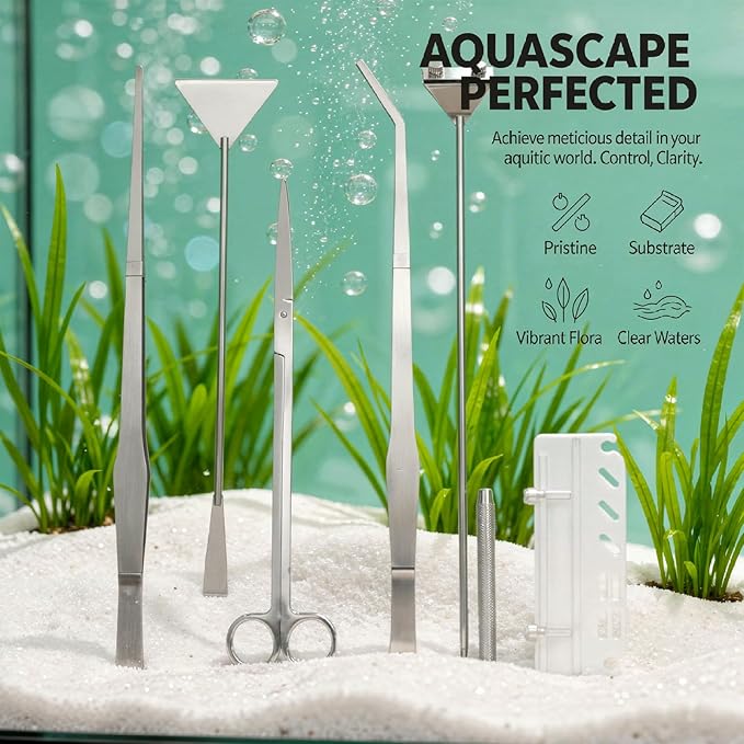 Aquascaping Tools Kit, 6 Pcs Stainless Steel Aquarium Plant Tools Set with Silver Acrylic Holder, 15 in Tweezers, 11.8 in Scissors, Algae Scraper, 12.6 in Sand Spatula