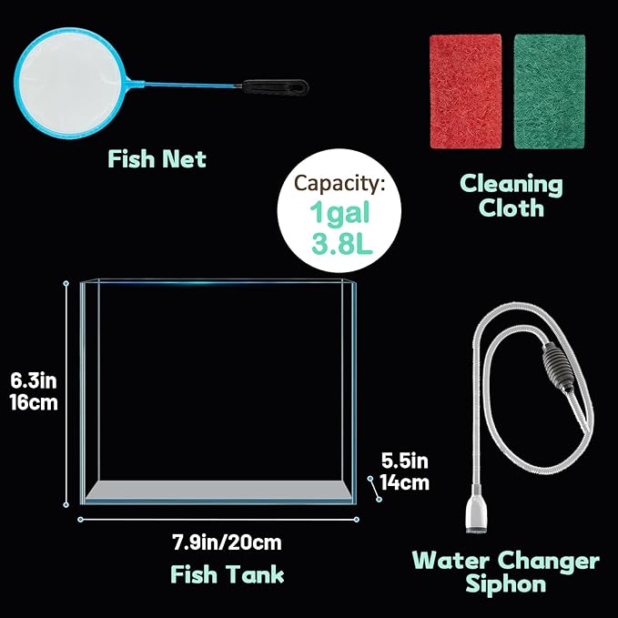 LAQUAL 1 Gallon Fish Tank Starter Kit with Fish Net, 1 Water Changer Siphons & 2 Cleaning Cloth, Crystal Clear Glass Fish Tank, Small Fish Tank/Aquarium for Betta & Goldfish, Nice Home Décor