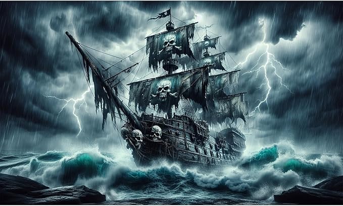 Haunted Black Pearl Pirate Ship Aquarium Background Huge Horrible Waves Lighting Ripped Sales Stormy Sea Ocean Fish Tank Background Broken Ship Skull Sail Terrarium Backgrounds for Tank Decors 24x16in