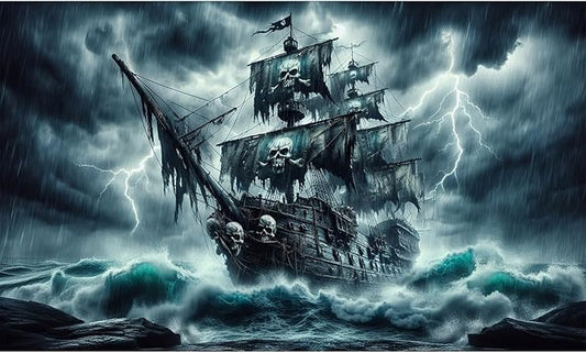 Haunted Black Pearl Pirate Ship Aquarium Background Huge Horrible Waves Lighting Ripped Sales Stormy Sea Ocean Fish Tank Background Broken Ship Skull Sail Terrarium Backgrounds for Tank Decors 24x16in