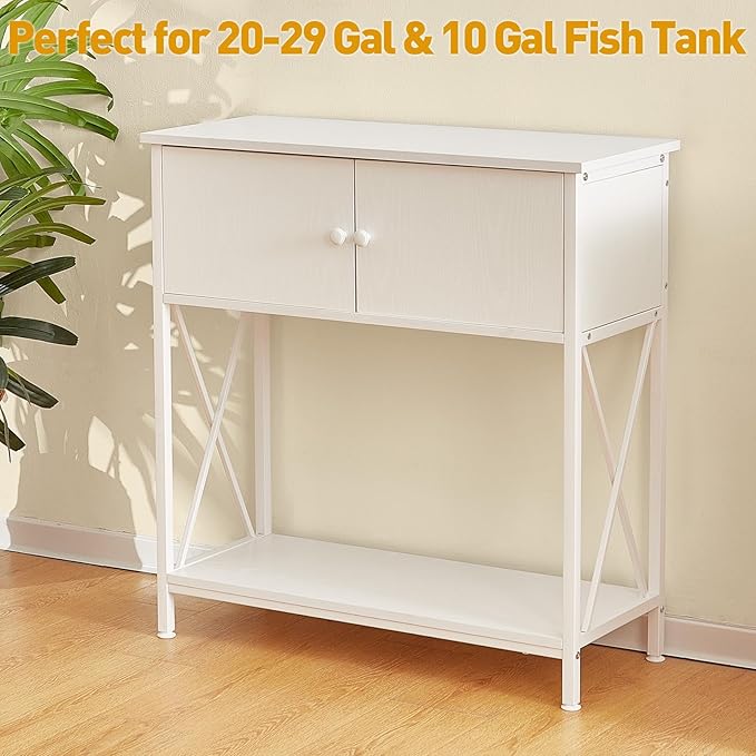 LAQUAL 20-29 Gallon Aquarium Stand with Cabinet, 20 Gallon Long Fish Tank Stand with 31''L * 12''W Tabletop, Double Heavy Metal Stand with Stable Structure, Adjustable Table Feet - White