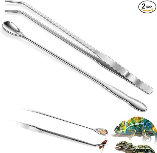 2pcs Reptile Feeding Tongs, Feeding Spoon, Stainless Steel Aquarium Feeding Tools, Curved Long Tweezers 10.6 in, Long Spoon 10 in (Coffee Spoon) for Feeding Lizards, Bearded Dragons and More.