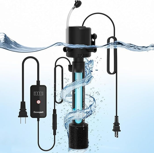 Aquarium Green Water Filter, U-V Light with Submersible Water Pump, U-V Filter with Aeration & Dual Water Outlet, 4-Speed Timer, for 10-40 Gallon Tank(135GPH/8W)