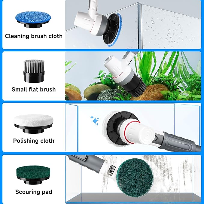 AQQA 8-in-1 Electric Aquarium Cleaning Kit IPX9 Waterproof Cordless Rechargeable Glass Scrubber Handheld Fish Tank Cleaner Powerful Algae Scraper & Cleaning Brush Set (Grey)