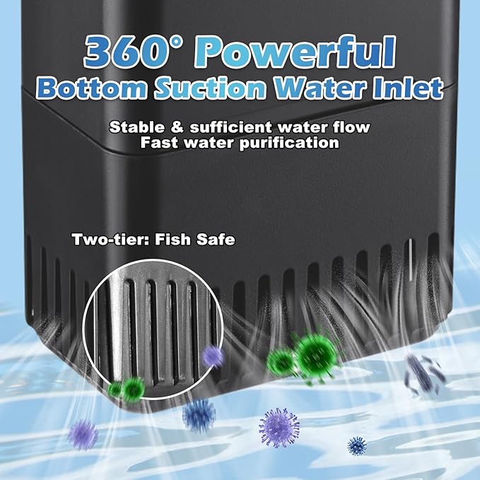 Turtle Tank Filter Power Adjustable 10-40 Gal. 222 GPH Aquarium Filter w/ Filter Mdeia Accessories 1Pcs Ceramic Ball Plate & 4pcs Low Water Level Power Filter Replacement Sponge Clip for IX-90 Filter