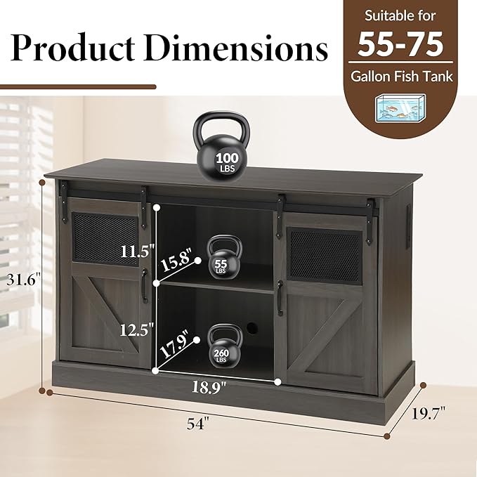TITIMO 55-75 Gallon Fish Tank Stand with Power Outlet, Heavy Duty Large Aquarium Stand with Sliding Barn Door and Cabinet Storage for 2 Fish Tank Turtle Tank Reptile Terrarium, 1300LBS Capacity(Gray)
