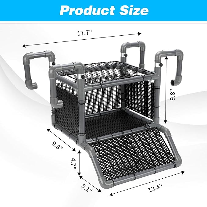 SKARUS Turtle Basking Platform with Anti-Escape Metal Top Mesh – Adjustable Height (9.8"-16.3") Suspended Aquarium Turtle Dock with Climbing Ramp, Large Resting Area for 65-150 Gallon Tanks