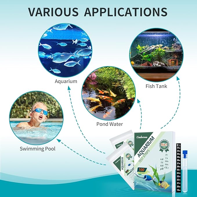 Umlecoa 9 in 1 Aquarium Test Kit for Freshwater and Saltwater - 100 Aquarium Test Strips with Test Tube & Thermometer - Fast & Accurate Water Testing Strips for Aquarium/Pond/Pool