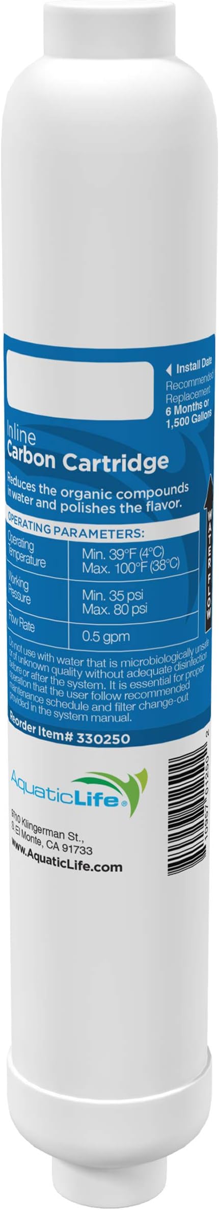 AquaticLife Inline Carbon Block Aquarium Water Filter Replacement Cartridge for RO Buddie and Reverse Osmosis Tank Kit