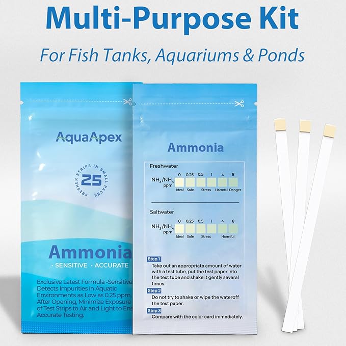 Ammonia Test Kit Aquarium (100 Strips) 0.25ppm High Precision Aquarium Test Kit for Freshwater & Saltwater | Fish Tank Test Strips Dedicated to Ammonia Detection.