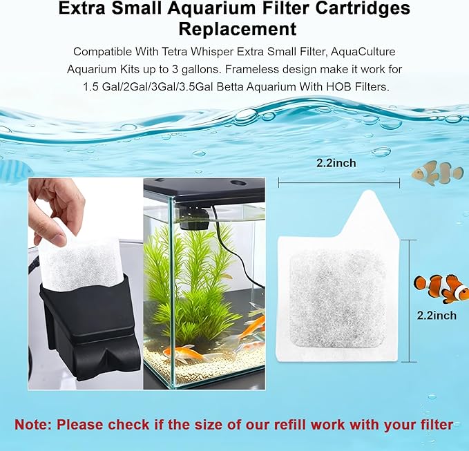 Fish Tank Filter Cartridges Replacement Extra Small Compatible with Tetra Whisper XS Filters and AquaCulture Aquarium Kits up to 3 Gallons, Fits Most 1.5Gal/2Gal/3Gal/3.5Gal Aquariums HOB Filter