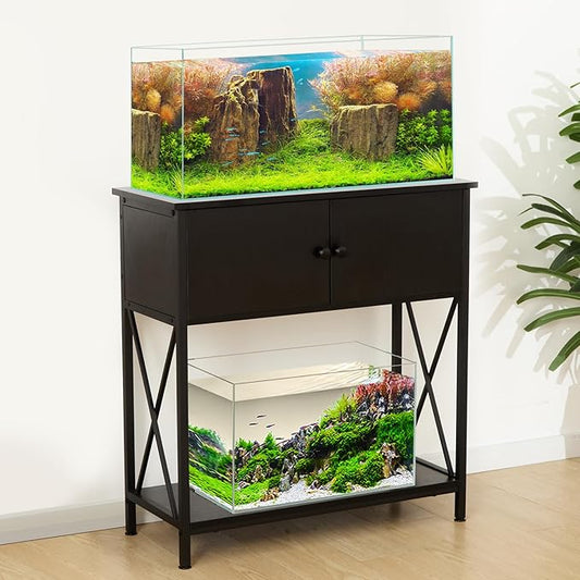 LAQUAL 20-29 Gallon Aquarium Stand with Cabinet, 20 Gallon Long Fish Tank Stand with 31''L * 12''W Tabletop, Double Heavy Metal Stand with Stable Structure, Adjustable Table Feet - Black