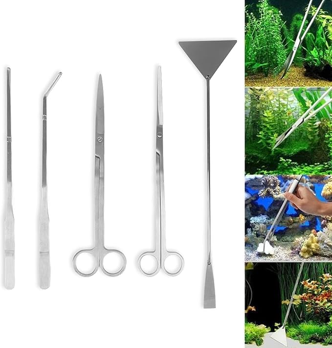 Gavigain 5 in 1 Aquarium Tool Kit, Stainless Steel Aquascaping Scissors, Tweezers, Sand Shovel, Ergonomic Grip, Rusts, for rs and Aquarium Enthusiasts