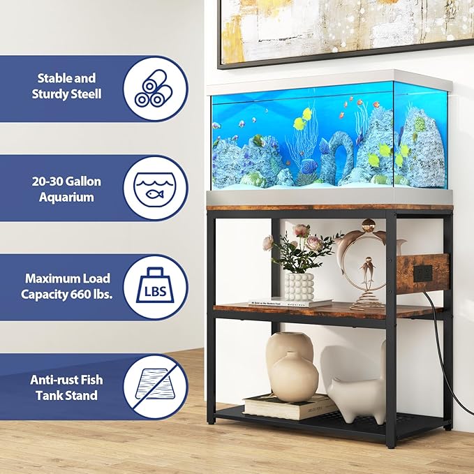 Livofloral 20-29 Gallon Fish Tank Stand With Power Outlets, 3-Tier Metal Aquarium Stands, Breeder Reptile Tank Stand with Shelf for Home Office, 660LBS Capacity, 29.5 x 15.8 x 30.1 inches, Brown