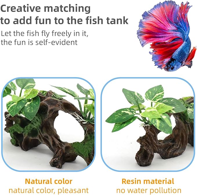 relaqcc Fish Tank Decorations Artifical Driftwood Cave Aquarium Decor Ornaments Silk Aquarium Plants for Betta Fish Tank Accessories