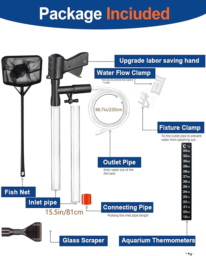 QZQ Aquarium Gravel Cleaner [2026 Edition] Vacuum Fish Tank Vacuum Cleaner Tools for Aquarium Water Changer with Aquarium Thermometers Fish Net kit Use for Fish Tank Cleaning Gravel and Sand