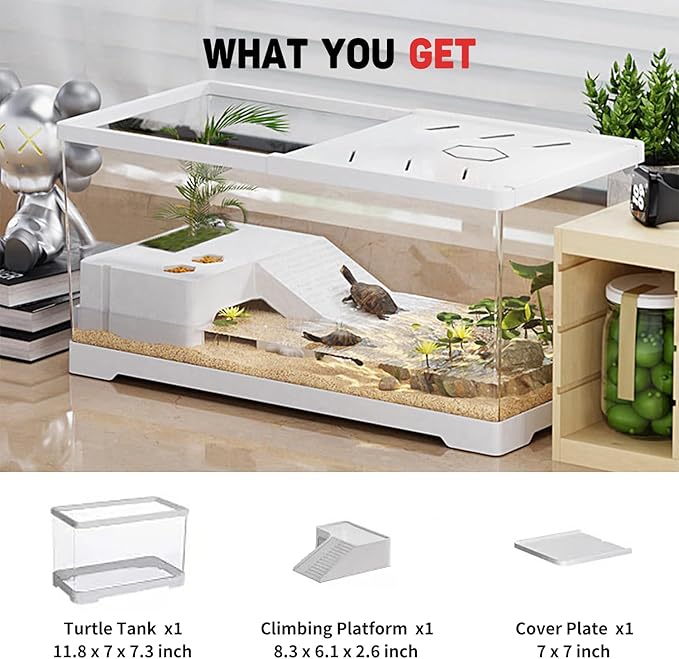 Turtle Fish Tank with Basking Platform and Bottom Drainage, 11.8" x 7" x 7.3" Aquatic Turtle Tank for Juvenile Turtle, Crayfish, Crabs, Amphibians, Reptiles, PC Material, White Color